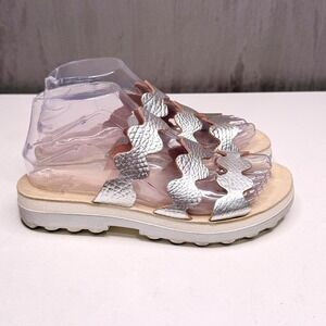 Fantasy Sandals Scalloped Slide Women 37 Silver Metallic Leather Comfort Greece
